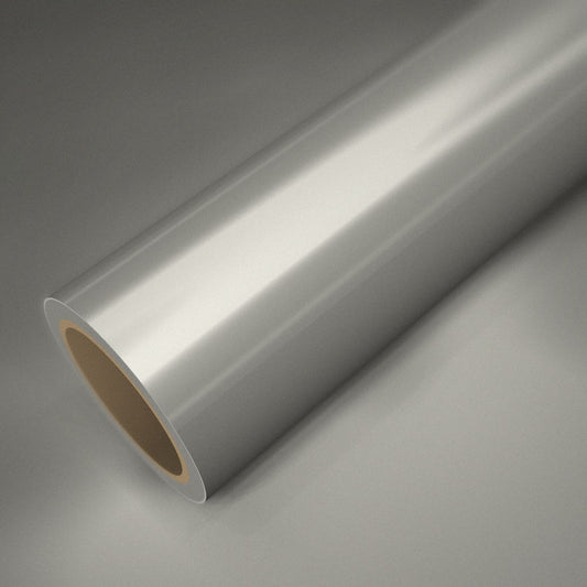 Rouleau de vinyle ICR® aluminium argent mat posé sur une feuille du même vinyle