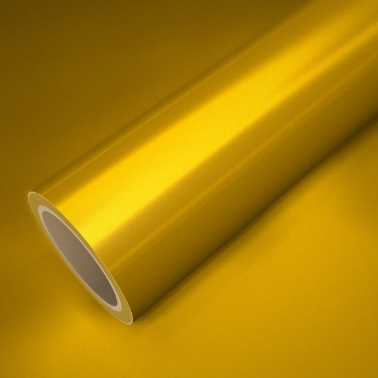 Rouleau de vinyle ICR® jaune métallisé satiné posé sur une feuille du même vinyle