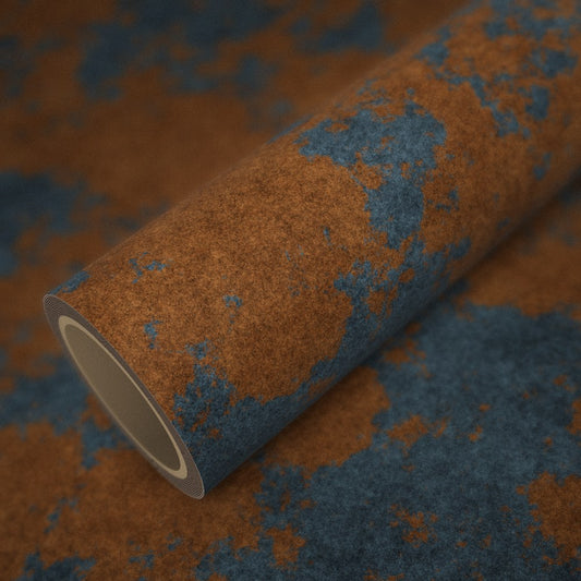 Rouleau de vinyle effet rouille (rat style) posé sur une feuille du même vinyle
