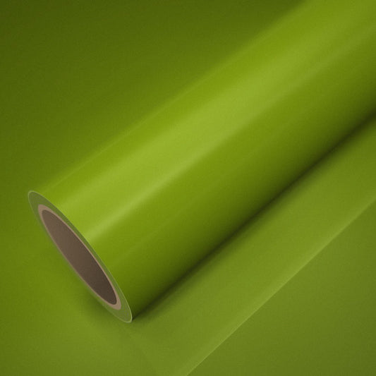 Rouleau de vinyle ICR® jaune-vert fluorescent brillant posé sur une feuille du même vinyle